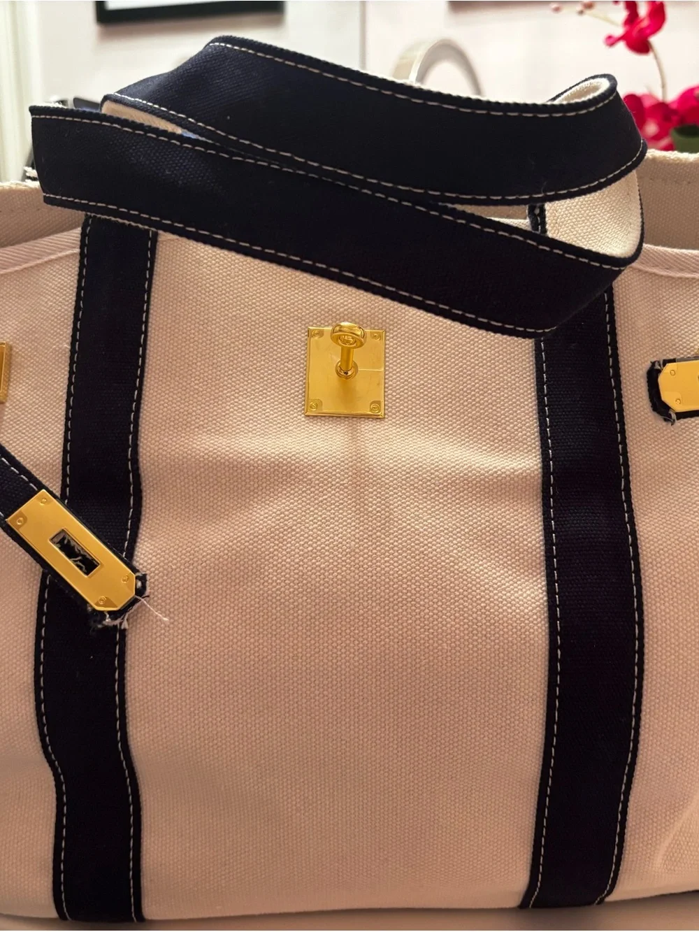 Canvas Tote with Navy Trim and Gold Hardware NWOT